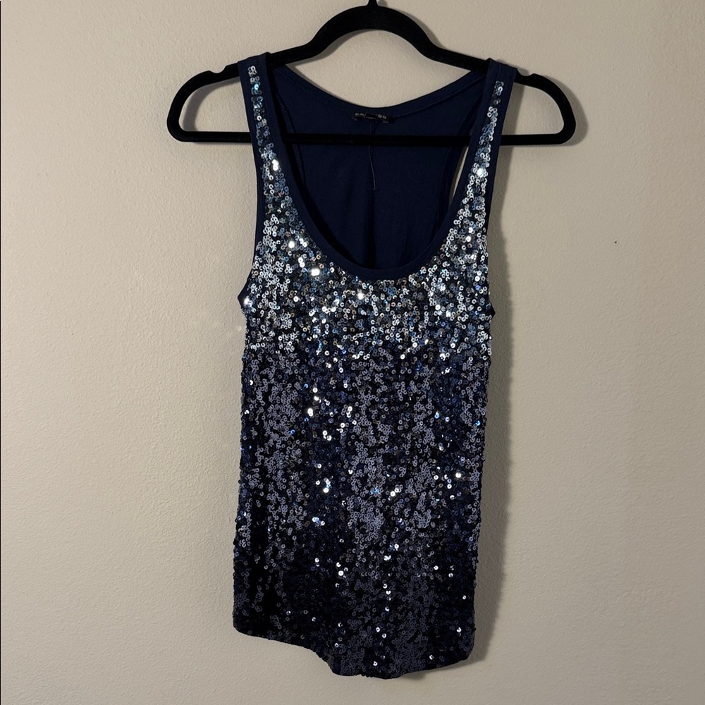 Express Sequin Embellished Mixed Media Navy Blue Tank Top Size XS
